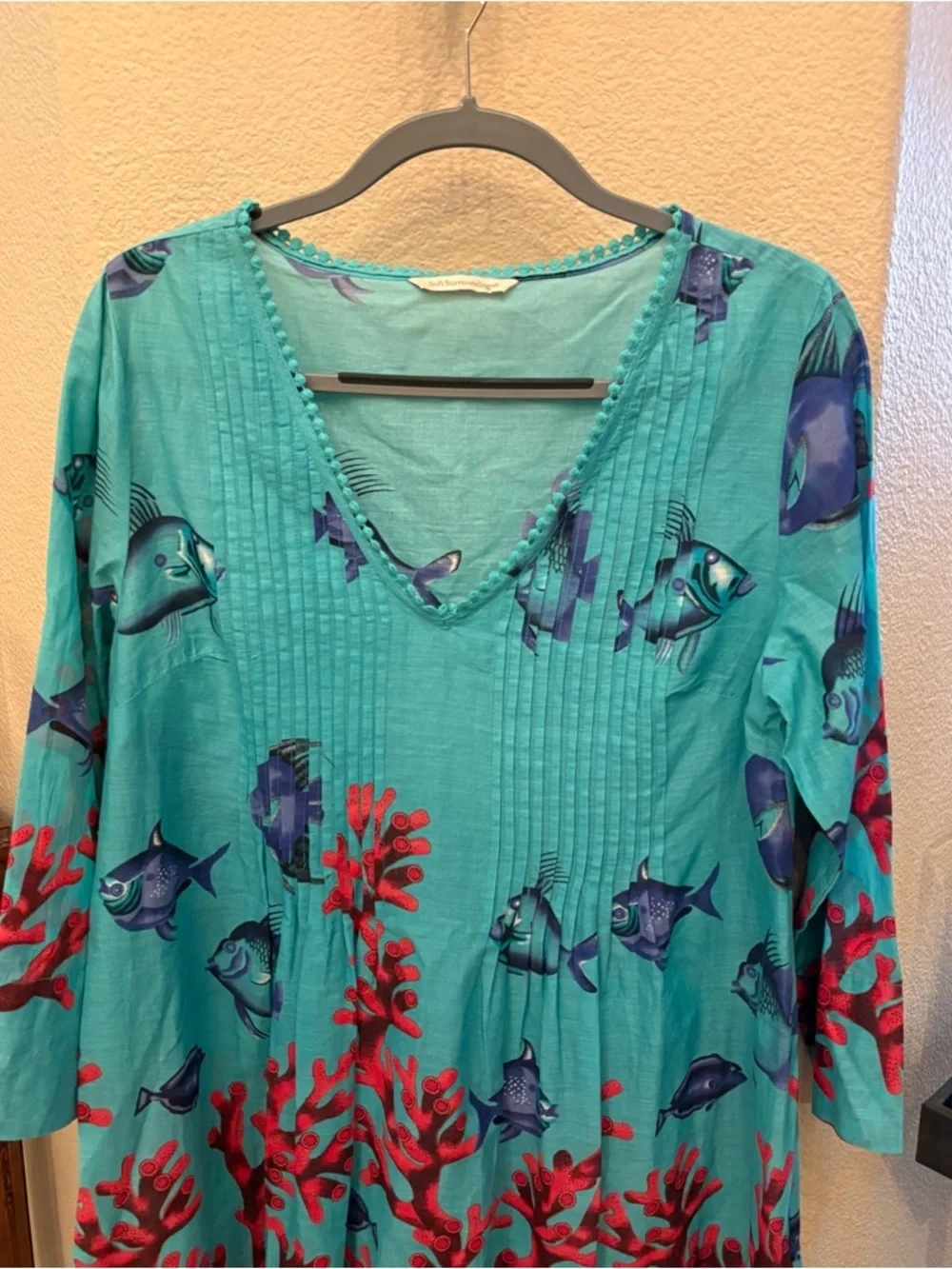 SOFT SURROUNDINGS Seychelles Coral & Fish Print V-Neck Tunic Dress Size M/L